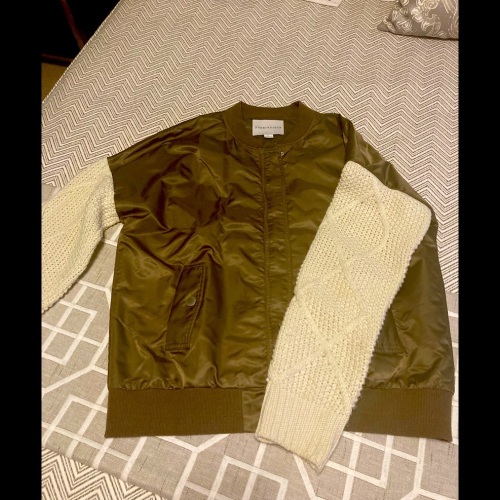 Bomber jacket in green with  ivory knit sleeves, purchased at Fab Rik